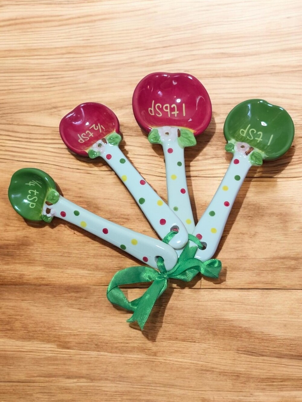 Polka Dot Ceramic Measuring Spoons - Red & Green Apple Set